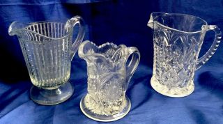 Vintage Depression Cut Glass Crystal? Small Pitchers Creamers Set Of 3