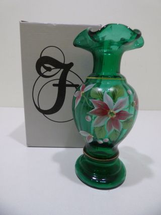 Fenton Lenox Emerald Green Glass Vase W/ Painted Poinsettia Art 8.  5 "
