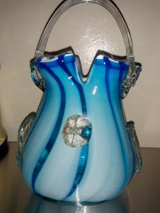 Murano Glass Purse Handbag Vase Blue White Stripe Swirl