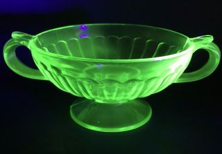 Depression Glass Green Footed Candy Dish Bowl With Handles Scalloped Uranium