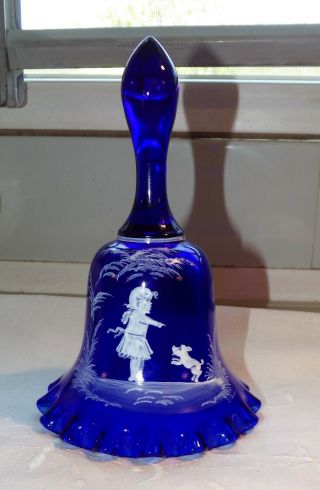 Vintage Fenton Art Glass Bell Cobalt Blue Mary Gregory Ruffled Edging