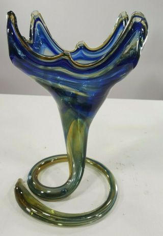 Vintage Hand Blown Murano Style Art Glass Vase Ocean Blue Circa 1950 Collectible