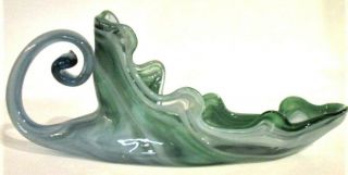 Vintage Sooner Hand Blown Green & Blue Art Glass Leaf Sleigh Center Piece