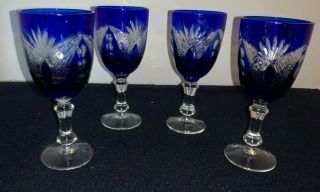 (set Of 4) Cobalt Blue Cut - To - Clear 5 1/2 " Tall Wine Goblets