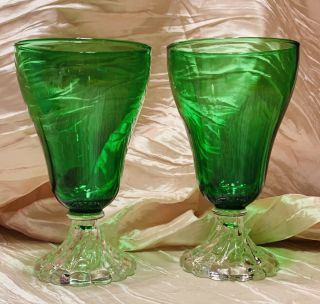 Vintage Anchor Hocking Emerald / Forrest Green Glass 2 Bubble Stem Dessert Cups