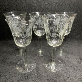 Set 5 Vintage Crystal Wine Water Glass Goblets Etched Daisy Floral Flower Leaves