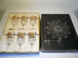 Libbey Glass Set Of 6 6 1/2 Oz Wine Glasses Gold Leaves Pattern Miob