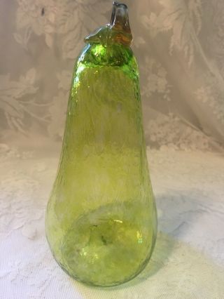 Hand Blown Art Glass Green/yellow Glass Pear Signed By Artist “ann Wry”