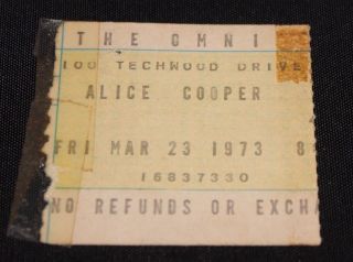Vintage 1973 Alice Cooper Concert Ticket Stub - The Omni - Atlanta,  Ga Mar 23,  1973