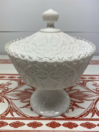 Fenton Silver Crest Spanish Lace Milk Glass Pedestal Candy Dish Compote