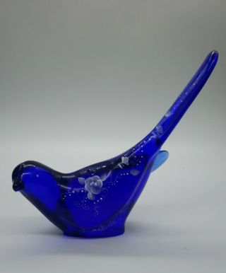 Vintage Fenton Cobalt Blue Glass Bird Of Happiness Figurine Handpainted