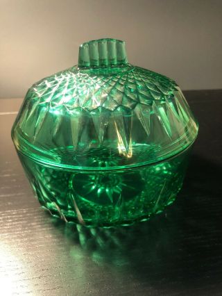 Vintage Green Glass Diamond Cut Pattern Vanity/candy Dish W/lid Arcoroc France