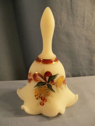 Fenton Hand Painted Ivory Satin Glass Bell - Golden Pine Cones Pattern