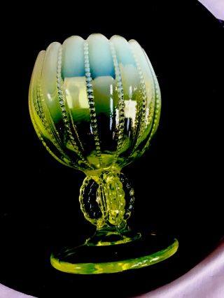 Vintage Nothwood Yellow Opalescent Vaseline Glass Beaded Panel Rose Vase