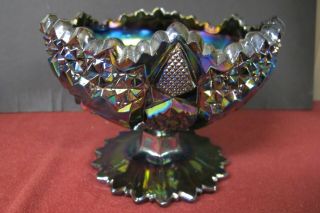 Vintage Black Amethyst Carnival Glass Pedestal Bowl With Sawtooth Scalloped Edge