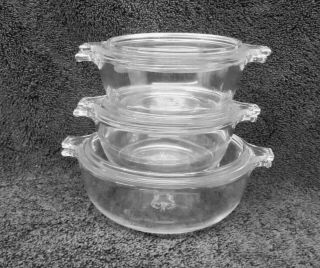 Vintage Pyrex Set Of 3 Clear Glass Casseroles With Lids - 10 Oz & 20 Oz Size