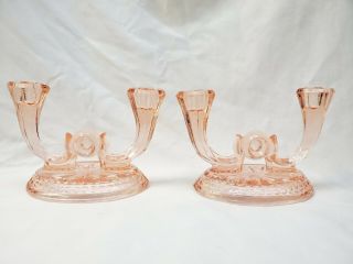 2 Vintage Mid - Century Modern Pink Depression Glass Double Candlestick Holders