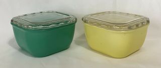 2 Vintage Mcm Green & Yellow Glass Refrigerator Dishes W Wavy Piecrust Lids