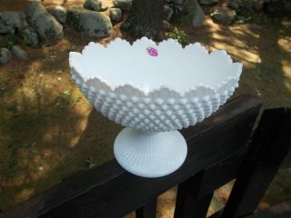 Large Fenton Milk Glass Hobnail Bowl On Pedestal