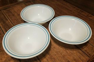 Vintage Corning White Milk Glass Bowls (3) Little Joe Blower Logo Blue Rings
