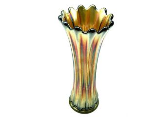 Westmoreland Cornith Thin Rib Green Carnival Glass 12 - Rib Swung Vase Rare