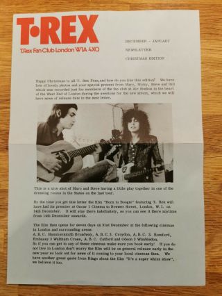 T Rex Marc Bolan Official Fan Club Born To Boogie Newsletter Dec - Jan1973