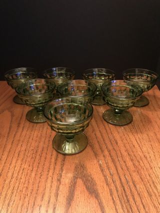 Vintage Set Of 8 Indiana Green Glass Whitehall Cubist Footed Dessert Cups