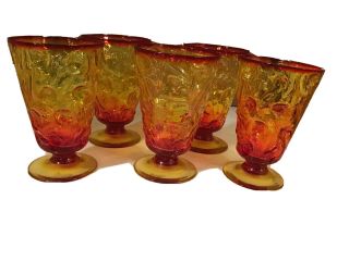 Vintage Bryce El Rancho Flame Amberina Glass Set 5 Water Goblets Footed Tumblers