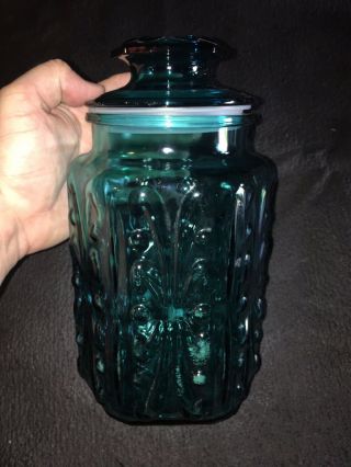 Vintage Le Smith Imperial Atterbury Scroll Teal Blue Glass Canister Jar 9” Exc