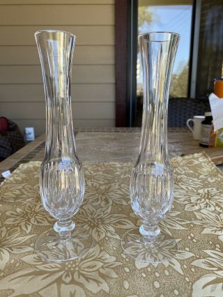 Set Of 2 Identical Waterford Crystal Footed Bud Vase Signed 9 1/4 " Tall