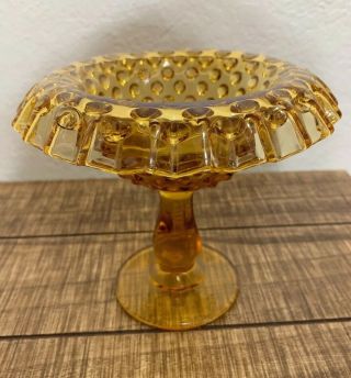 Vintage Amber Color Fenton Hobnail Glass Ruffled Edge Compote Candy Dish.