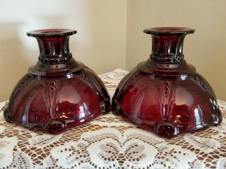 Vintage Pair Anchor Hocking Ruby Red Glass Oyster And Pearl Candlestick Holders