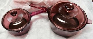 Corning Pyrex Visions 2.  5l & 1l Liter Cranberry Glass Sauce Pan W/lids