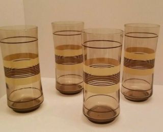Set Of 4 Vintage Libbey Glassware 6.  5 " Tall Tan & Brown Stripes Holds 16 Ounces
