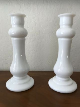 Set Of 2 Vintage E O Brody White Milk Glass M - 118 Candle Stick Vases 8 " Tall
