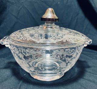 Vintage Etched Glass Candy Dish With Lid Silver Knob Floral Design
