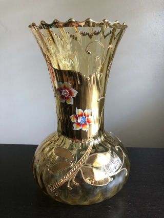 Fine Vintage Antique Large Moser Art Glass Vase Enameled Flowers Gilt Gold Rim