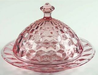 Pink Cube Cubist Jeannette / Round Covered Butter Dish Dome Lid Depression Glass
