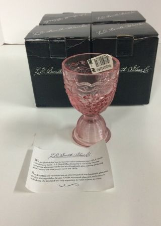 Set Of 4 L.  E.  Smith Glass Juice Glasses/ Egg Cup Pink Grapevine Pattern