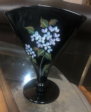 Fenton Art Glass Hand Painted Black Fan Shape Vase With Blue Flowers Signed