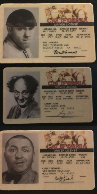 Moe Larry Curly Three Stooges 3 Novelty Drivers License Id Cards Add A Magnet