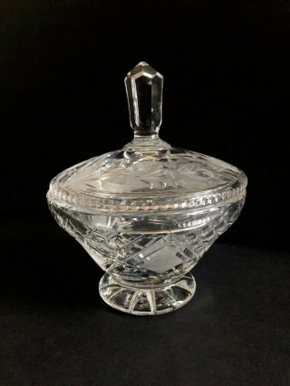 Vintage Cut Glass Candy Bowl Dish Jar With Lid - Etched Flowers