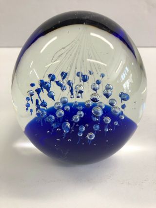 Vintage Mid Century Modern Murano Art Glass Cobalt Blue Bubble Paperweight