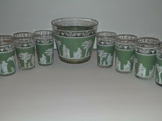 Vintage Jeanette Hellenic Green Jasperware Ice Bucket W/ 8 Juice Glasses