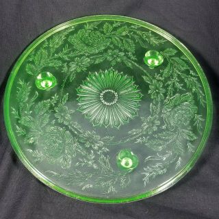 Vintage Green Uranium Glass Footed Depression Cake Plate Shaggy Rose