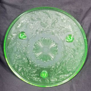 Vintage Green URANIUM GLASS FOOTED DEPRESSION CAKE PLATE Shaggy Rose 3