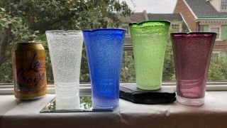 4 Hand Blown Art Glass 8 Oz.  Tumblers 5.  5 " Tall,  3.  2 " Mouth,  2 " Base By Amici