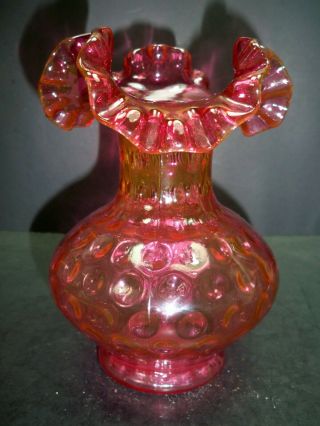 Antique Vintage Fenton Art Glass Cranberry Crimped Jip 7 " Vase Unmarked