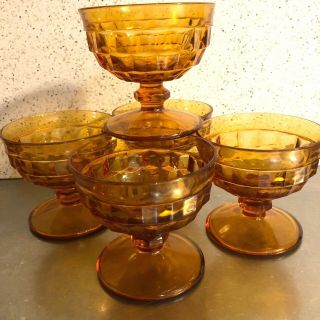 Vtg Fostoria American Cubist Amber Glass Footed Dessert Bowls Set 5 Mid Century
