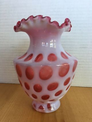 Vintage Fenton Cranberry Opalescent Coin Dot Crimped Vase 6 3/4 "